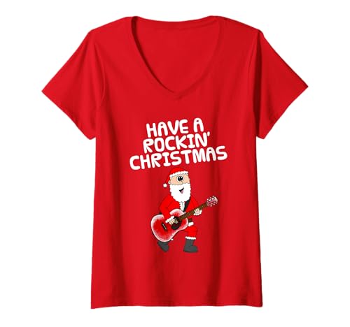 Damen Weihnachtsgitarrist, Weihnachtsmann Akustikgitarre T-Shirt mit V-Ausschnitt Damen Weihnachtsgitarrist, Weihnachtsmann Akustikgitarre T-Shirt mit V-Ausschnitt von Christmas Acoustic Guitar Teacher By DoodleRob