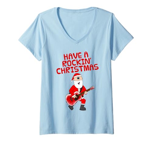 Damen Weihnachtsgitarrist, Weihnachtsmann Akustikgitarre T-Shirt mit V-Ausschnitt Damen Weihnachtsgitarrist, Weihnachtsmann Akustikgitarre T-Shirt mit V-Ausschnitt von Christmas Acoustic Guitar Teacher By DoodleRob
