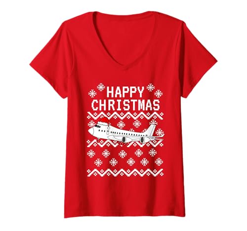 Damen Hässliches Weihnachtsflugzeug, Pilot Flugbegleiter T-Shirt mit V-Ausschnitt Damen Hässliches Weihnachtsflugzeug, Pilot Flugbegleiter T-Shirt mit V-Ausschnitt von Christmas Airplane Pilot Aviation By DoodleRob