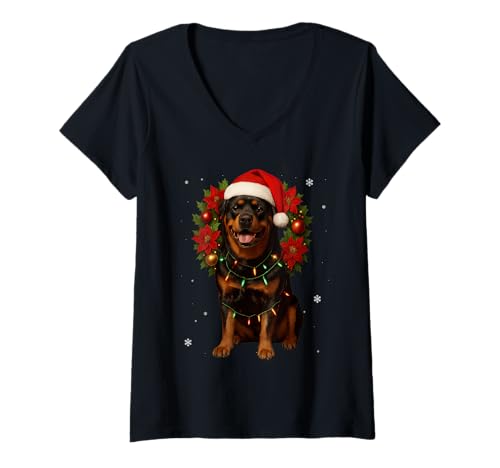Damen Weihnachtskranz, Rottweiler, Weihnachtsmann-Hund T-Shirt mit V-Ausschnitt von Christmas Animal Festive Rottie Dog Holidays