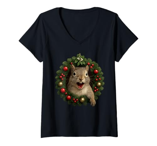 Damen Niedlicher Eichhörnchen-Weihnachtskranz für Weihnachten T-Shirt mit V-Ausschnitt Damen Niedlicher Eichhörnchen-Weihnachtskranz für Weihnachten T-Shirt mit V-Ausschnitt von Christmas Animal Funny Squirrel Festive Design