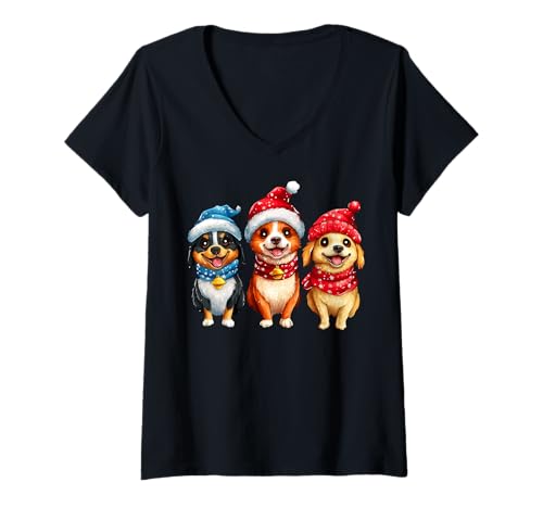 Damen Hunde Weihnachten / Weihnachtsmann Hund T-Shirt mit V-Ausschnitt von Christmas Animals