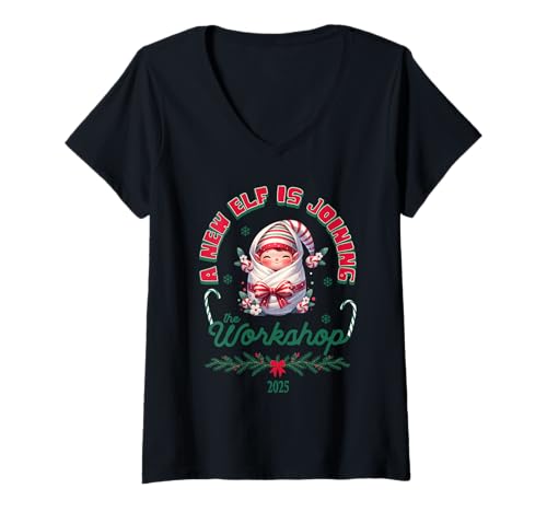 Damen Weihnachten Baby Ankündigung 2025 Lustige Elfe Urlaub Enthüllung T-Shirt mit V-Ausschnitt von Christmas Baby Reveal for Mom or Dad Elf Theme