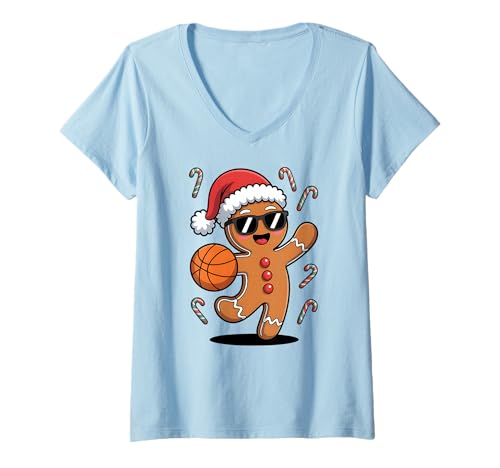 Damen Winter Basketball Weihnachten T-Shirt mit V-Ausschnitt Damen Winter Basketball Weihnachten T-Shirt mit V-Ausschnitt von Christmas Basketball Player Winter