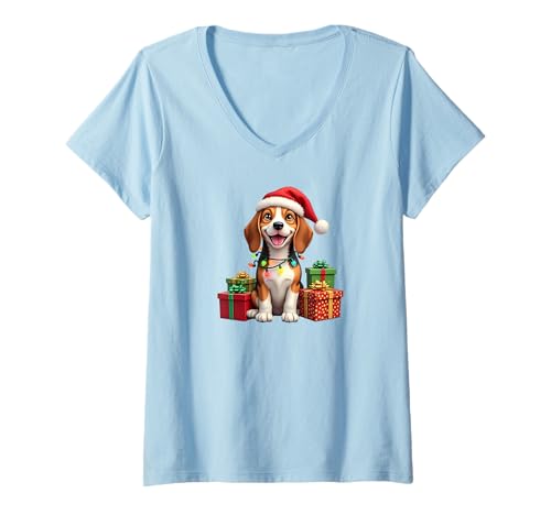 Damen Beagle-Hund, Weihnachten, Weihnachtsmannmütze, Urlaubsbeleuchtung T-Shirt mit V-Ausschnitt Damen Beagle-Hund, Weihnachten, Weihnachtsmannmütze, Urlaubsbeleuchtung T-Shirt mit V-Ausschnitt von Christmas Beagle dogs