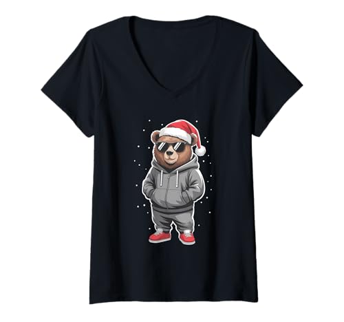 Damen Weihnachtsbär Weihnachtsmann Hund T-Shirt mit V-Ausschnitt Damen Weihnachtsbär Weihnachtsmann Hund T-Shirt mit V-Ausschnitt von Christmas Bear Santa Pajamas