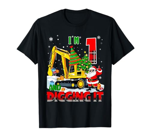 I'm 1 Construction 1st Birthday Kid Boy Xmas Excavator Santa T-Shirt von Christmas Birthday Digger Truck Outfit