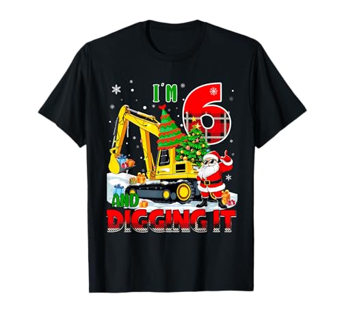 I'm 6 Construction 6th Birthday Kid Boy Xmas Excavator Santa T-Shirt von Christmas Birthday Digger Truck Outfit