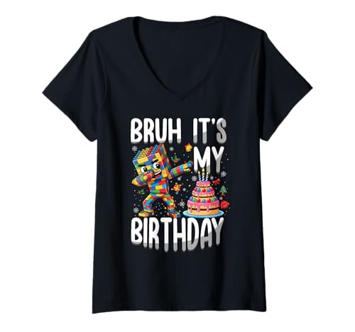 Damen Bruh, es ist Mein Geburtstag, Bauziegelbauer, Baumeister T-Shirt mit V-Ausschnitt Damen Bruh, es ist Mein Geburtstag, Bauziegelbauer, Baumeister T-Shirt mit V-Ausschnitt von Christmas Brick Builder Kids Building Blocks Santa