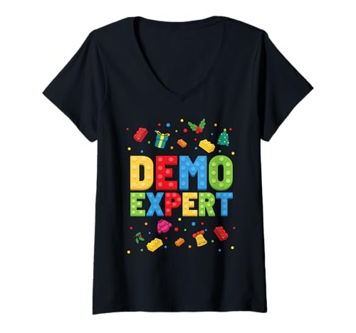 Damen Demo Expert Block Building Brick Builder Lustiges Weihnachtsfest T-Shirt mit V-Ausschnitt Damen Demo Expert Block Building Brick Builder Lustiges Weihnachtsfest T-Shirt mit V-Ausschnitt von Christmas Brick Builder Kids Building Blocks Santa