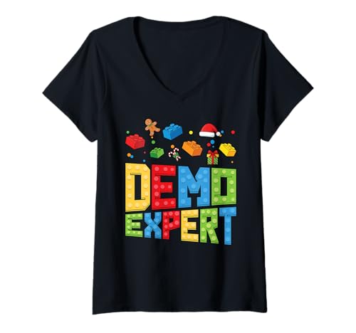 Damen Demo Expert Blockbauziegelbauer Santa Christmas T-Shirt mit V-Ausschnitt von Christmas Brick Builder Kids Building Blocks Santa