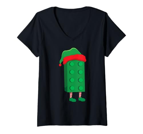 Damen Elf Block Building Builder Ziegelbaumeister Weihnachten T-Shirt mit V-Ausschnitt Damen Elf Block Building Builder Ziegelbaumeister Weihnachten T-Shirt mit V-Ausschnitt von Christmas Brick Builder Kids Building Blocks Santa