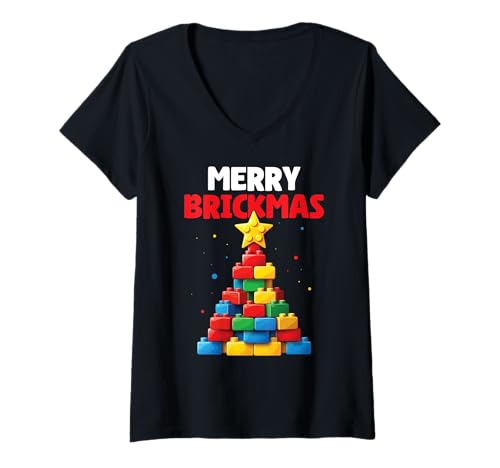 Damen Frohe Brickmas Block Building Builder Brick Master Christmas T-Shirt mit V-Ausschnitt Damen Frohe Brickmas Block Building Builder Brick Master Christmas T-Shirt mit V-Ausschnitt von Christmas Brick Builder Kids Building Blocks Santa