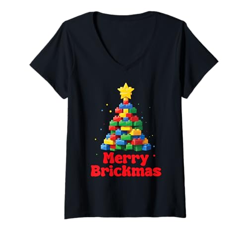 Damen Frohe Brickmas Weihnachten Block Building Builder Brick Master T-Shirt mit V-Ausschnitt von Christmas Brick Builder Kids Building Blocks Santa