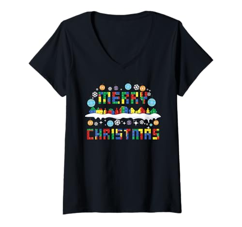 Damen Frohe Weihnachten Blockbau Ziegelbauer Baumeister T-Shirt mit V-Ausschnitt Damen Frohe Weihnachten Blockbau Ziegelbauer Baumeister T-Shirt mit V-Ausschnitt von Christmas Brick Builder Kids Building Blocks Santa
