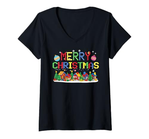 Damen Frohe Weihnachten Blockbaumeister Ziegelbauer T-Shirt mit V-Ausschnitt Damen Frohe Weihnachten Blockbaumeister Ziegelbauer T-Shirt mit V-Ausschnitt von Christmas Brick Builder Kids Building Blocks Santa