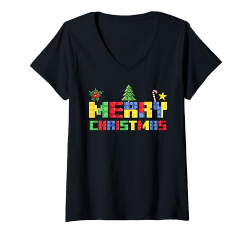 Damen Frohe Weihnachten Blockbaumeister Ziegelbaumeister T-Shirt mit V-Ausschnitt Damen Frohe Weihnachten Blockbaumeister Ziegelbaumeister T-Shirt mit V-Ausschnitt von Christmas Brick Builder Kids Building Blocks Santa