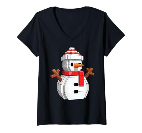 Damen Schneemann Blockbau Weihnachtsbauer Ziegelmeister Bauen T-Shirt mit V-Ausschnitt Damen Schneemann Blockbau Weihnachtsbauer Ziegelmeister Bauen T-Shirt mit V-Ausschnitt von Christmas Brick Builder Kids Building Blocks Santa