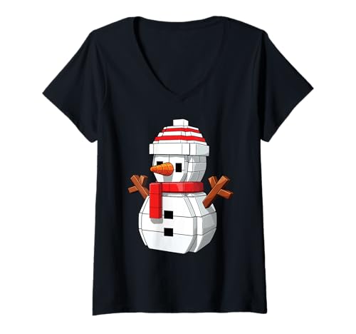 Damen Schneemann Cute Block Building Christmas Builder Brick Master T-Shirt mit V-Ausschnitt Damen Schneemann Cute Block Building Christmas Builder Brick Master T-Shirt mit V-Ausschnitt von Christmas Brick Builder Kids Building Blocks Santa