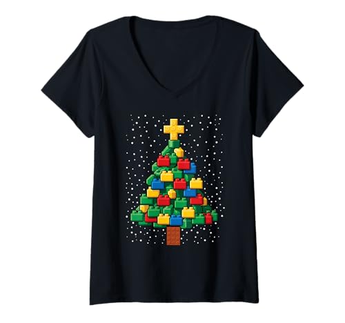Damen Weihnachtsbaum-Bausteinbauer Ziegelmeister Baumeister T-Shirt mit V-Ausschnitt Damen Weihnachtsbaum-Bausteinbauer Ziegelmeister Baumeister T-Shirt mit V-Ausschnitt von Christmas Brick Builder Kids Building Blocks Santa