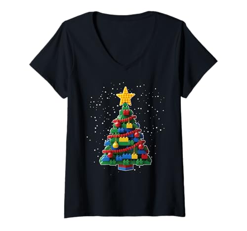 Damen Weihnachtsbaum-Bausteinbauer Ziegelmeister Baumeister T-Shirt mit V-Ausschnitt Damen Weihnachtsbaum-Bausteinbauer Ziegelmeister Baumeister T-Shirt mit V-Ausschnitt von Christmas Brick Builder Kids Building Blocks Santa