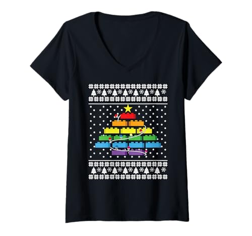 Damen Weihnachtsbaum Block Baubauer Ziegel Ugly Christmas T-Shirt mit V-Ausschnitt Damen Weihnachtsbaum Block Baubauer Ziegel Ugly Christmas T-Shirt mit V-Ausschnitt von Christmas Brick Builder Kids Building Blocks Santa