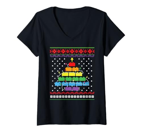 Damen Weihnachtsbaumblock Bausteinbauer Ugly Christmas T-Shirt mit V-Ausschnitt Damen Weihnachtsbaumblock Bausteinbauer Ugly Christmas T-Shirt mit V-Ausschnitt von Christmas Brick Builder Kids Building Blocks Santa
