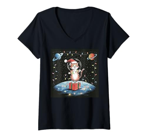 Damen Weihnachtskatze Happy Lights Sterne Ornamente Weltraum lustig T-Shirt mit V-Ausschnitt Damen Weihnachtskatze Happy Lights Sterne Ornamente Weltraum lustig T-Shirt mit V-Ausschnitt von Christmas Cat Happy Lights Stars Ornaments Space