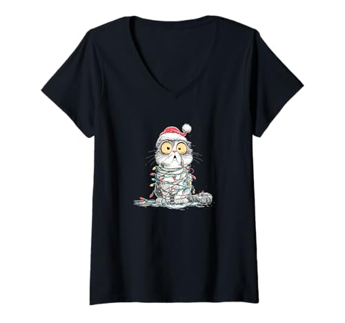 Damen Lustige Weihnachtsstimmung mit diesem Katzen-Lichter-Kostüm T-Shirt mit V-Ausschnitt Damen Lustige Weihnachtsstimmung mit diesem Katzen-Lichter-Kostüm T-Shirt mit V-Ausschnitt von Christmas Cat Outfit