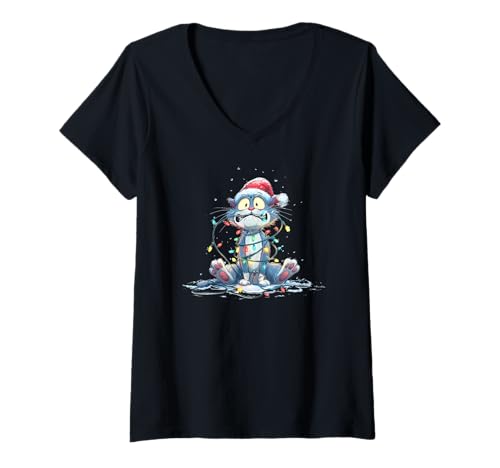 Damen Tolle Katze im Weihnachtsstil für Lichterketten Liebhaber T-Shirt mit V-Ausschnitt Damen Tolle Katze im Weihnachtsstil für Lichterketten Liebhaber T-Shirt mit V-Ausschnitt von Christmas Cat Outfit