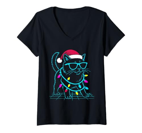 Damen Synthwave Katze Weihnachtsbeleuchtung T-Shirt mit V-Ausschnitt Damen Synthwave Katze Weihnachtsbeleuchtung T-Shirt mit V-Ausschnitt von Christmas Cat Synthwave