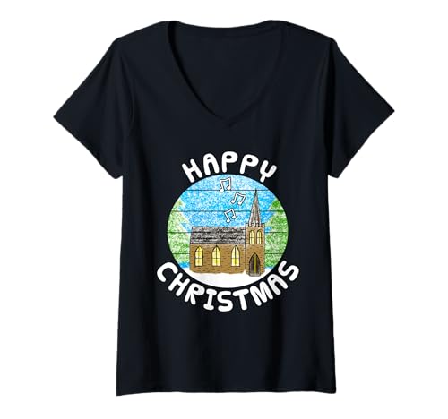 Damen Kirche Weihnachtslieder singen Chor Christlicher Pfarrer T-Shirt mit V-Ausschnitt von Christmas Church Christian Musician By DoodleRob