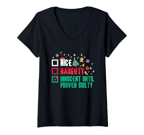 Damen Nice Naughty Innocent Until Proven Guilty - Weihnachten T-Shirt mit V-Ausschnitt von Christmas Clothing & Outfits