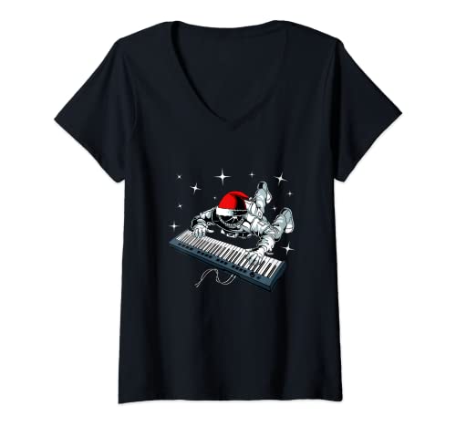 Damen Astronaut spielt Keyboard Weihnachten Pyjama Musiker Pianist T-Shirt mit V-Ausschnitt von Christmas Cloths Women Men Kids Astronaut Pajama