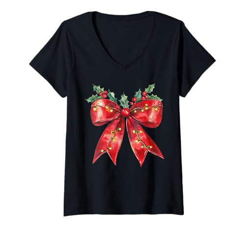 Damen Weihnachten Kokette Schleife Weihnachtsschleifen Weihnachten Weihnachtsmann Schleife T-Shirt mit V-Ausschnitt Damen Weihnachten Kokette Schleife Weihnachtsschleifen Weihnachten Weihnachtsmann Schleife T-Shirt mit V-Ausschnitt von Christmas Coquette Bow Gift idea
