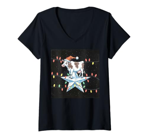 Damen Weihnachts-Kuh-Stern-Lichter Weltraum lustiges Tier T-Shirt mit V-Ausschnitt Damen Weihnachts-Kuh-Stern-Lichter Weltraum lustiges Tier T-Shirt mit V-Ausschnitt von Christmas Cow Star Lights Space Funny Animal