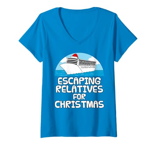Damen Flüchtende Verwandte zu Weihnachten, Kreuzfahrtschiff T-Shirt mit V-Ausschnitt Damen Flüchtende Verwandte zu Weihnachten, Kreuzfahrtschiff T-Shirt mit V-Ausschnitt von Christmas Cruise Ship Xmas Funny By DoodleRob