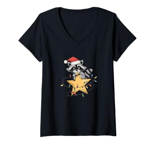 Damen Weihnachtsmütze mit niedlichem Waschbär-Stern-Lichter, Weltraum T-Shirt mit V-Ausschnitt Damen Weihnachtsmütze mit niedlichem Waschbär-Stern-Lichter, Weltraum T-Shirt mit V-Ausschnitt von Christmas Cute Racoon Star Lights Space Funny Xmas
