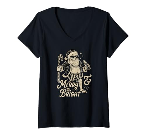 Damen Cooles Vintage-Weihnachtsmann-Party-Design T-Shirt mit V-Ausschnitt Damen Cooles Vintage-Weihnachtsmann-Party-Design T-Shirt mit V-Ausschnitt von Christmas Decor Designs Supply Co.