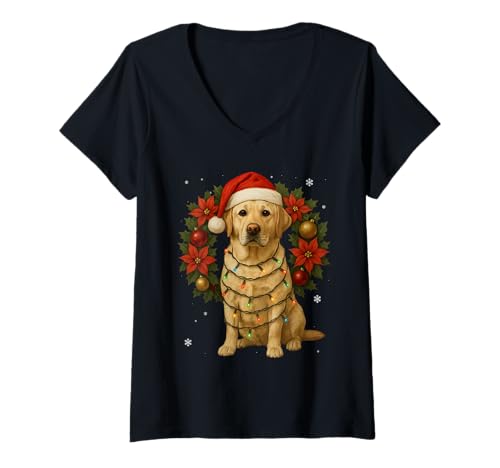 Damen Labrador Retriever Weihnachten Hund Mistelzweig Kranz Urlaub T-Shirt mit V-Ausschnitt Damen Labrador Retriever Weihnachten Hund Mistelzweig Kranz Urlaub T-Shirt mit V-Ausschnitt von Christmas Dog Labrador Retriever Festive Animal