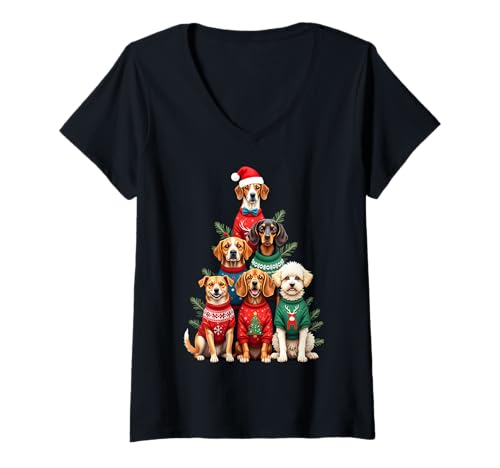 Damen Weihnachtspullover für Hunde, niedlicher Welpen-Hässlicher Pullover T-Shirt mit V-Ausschnitt von Christmas Dog Tree Xmas Cute Puppies Ugly Tee