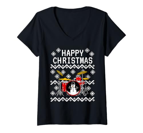 Damen Schlagzeuger Ugly Christmas Drums Percussionist Musiker T-Shirt mit V-Ausschnitt Damen Schlagzeuger Ugly Christmas Drums Percussionist Musiker T-Shirt mit V-Ausschnitt von Christmas Drum Teacher Drummer Funny By DoodleRob