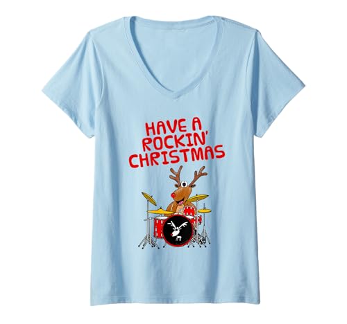 Damen Weihnachtstrommler, Rentier spielt Schlagzeug T-Shirt mit V-Ausschnitt Damen Weihnachtstrommler, Rentier spielt Schlagzeug T-Shirt mit V-Ausschnitt von Christmas Drummer Music Teacher Drums By DoodleRob