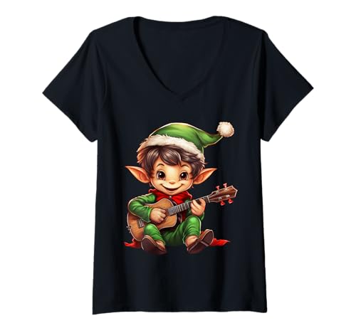 Damen Weihnachts-Pyjama für Ukulelenspieler, Ukulelisten-Weihnachtspyjama T-Shirt mit V-Ausschnitt Damen Weihnachts-Pyjama für Ukulelenspieler, Ukulelisten-Weihnachtspyjama T-Shirt mit V-Ausschnitt von Christmas Elf Music Style