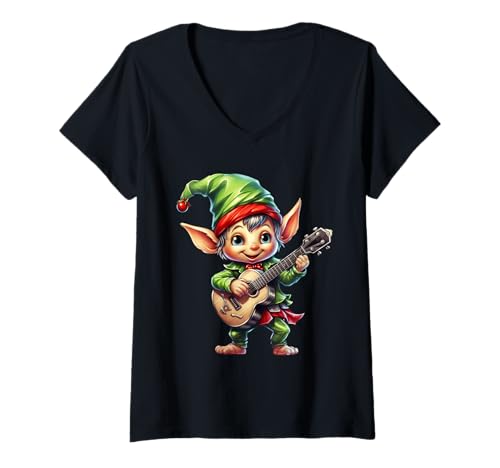 Damen Weihnachtself Ukulele Spieler Xmas Party Jungen Mädchen Kinder T-Shirt mit V-Ausschnitt von Christmas Elf Music Style