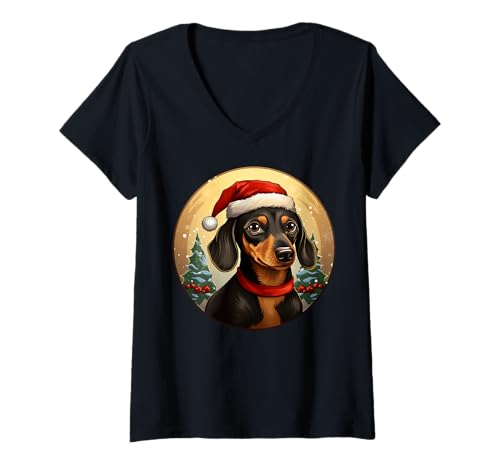 Damen Dackel Weihnachten T-Shirt mit V-Ausschnitt von Christmas Fans