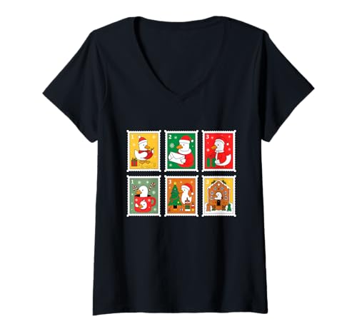 Damen Christmas Postage Stamp Duck Holiday Cheer T-Shirt mit V-Ausschnitt von Christmas Festive Cute Holiday Duck Stamps