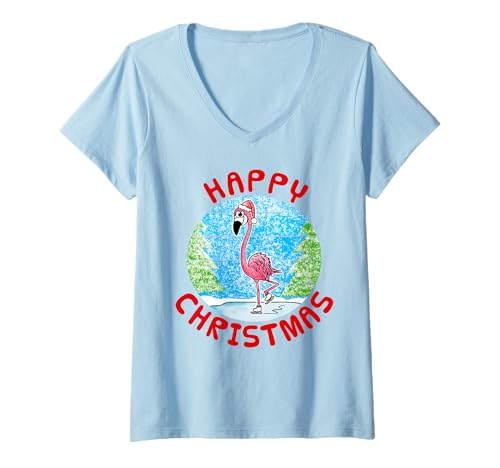 Damen Flamingo Weihnachten Wildlife Eisläufer Lustig T-Shirt mit V-Ausschnitt von Christmas Flamingo Wildlife Xmas Kids By DoodleRob