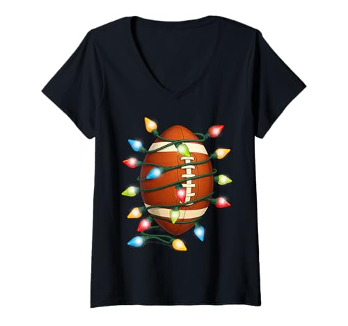 Damen Weihnachts-Fußball-Weihnachtsbeleuchtung Urlaub Sport T-Shirt mit V-Ausschnitt von Christmas Football Players