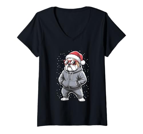 Damen Französische Bulldogge Weihnachtsmann Hund T-Shirt mit V-Ausschnitt Damen Französische Bulldogge Weihnachtsmann Hund T-Shirt mit V-Ausschnitt von Christmas French Bulldog Santa Pajamas